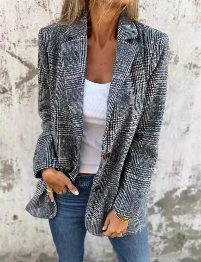 IDEALSANXUN Womens Tweed Blazer Casual Plaid Houndstooth Blazer Work Suit Jackets
