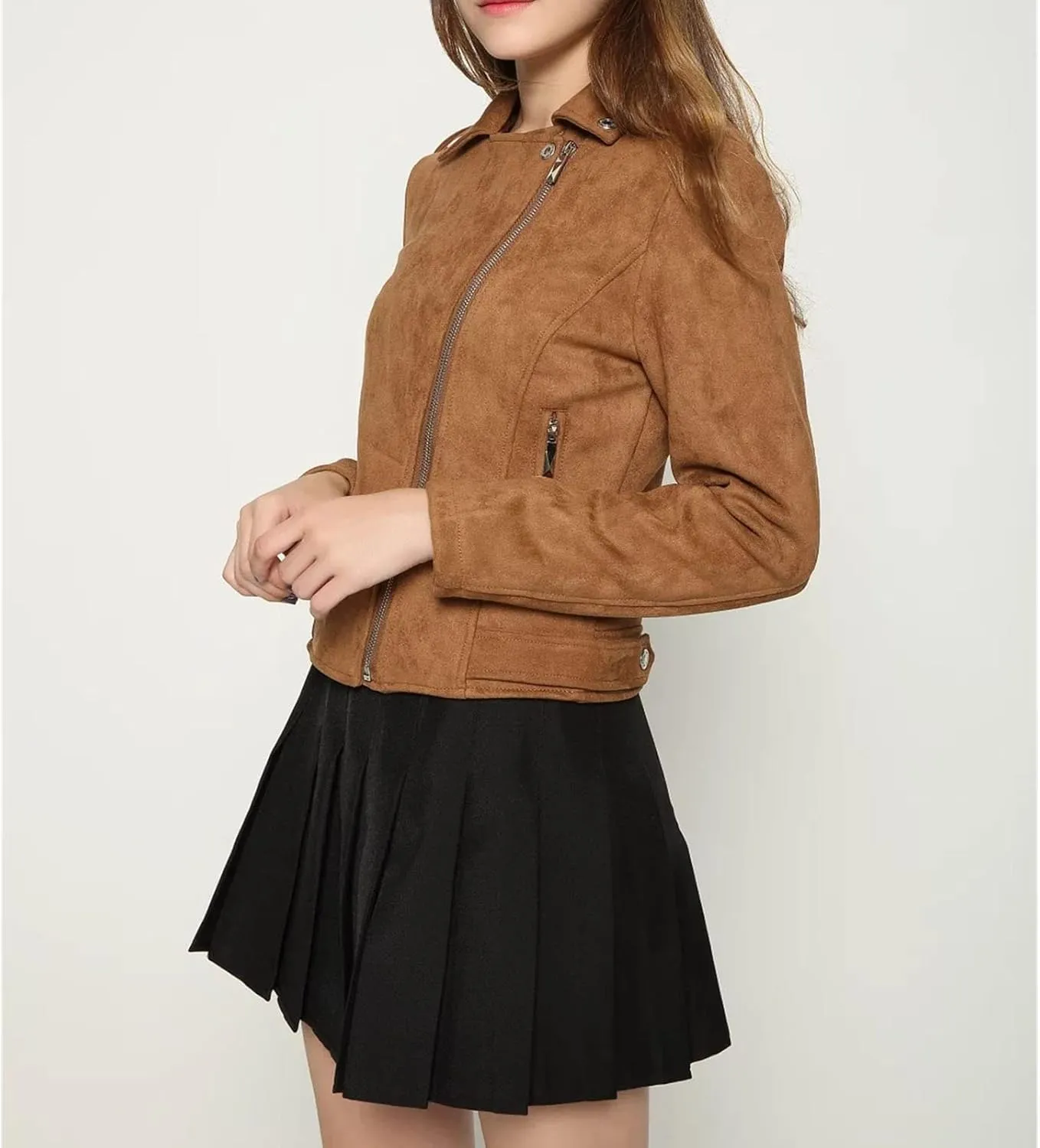 JEKE-DG Women's Suede Leather Moto Jacket Notched Collar Oblique Zip Outwear Long Sleeve Zipper Up Casual Coats