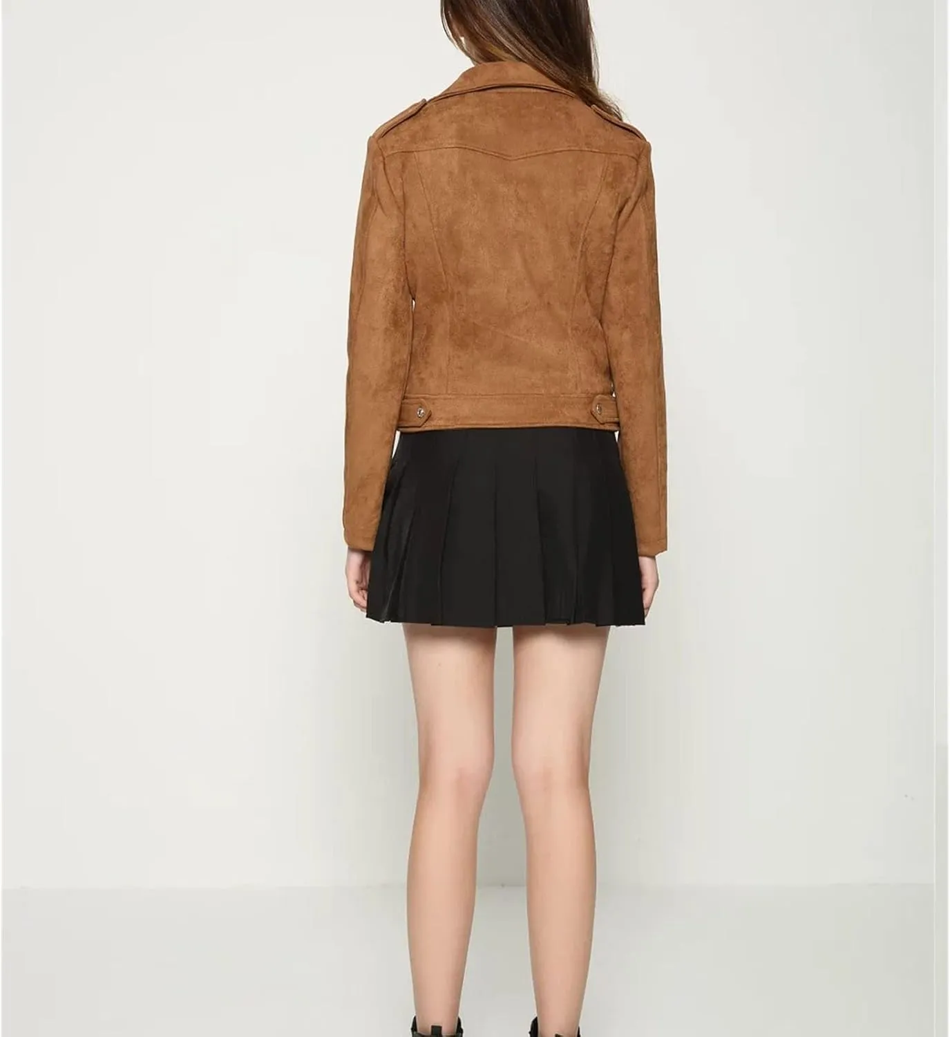 JEKE-DG Women's Suede Leather Moto Jacket Notched Collar Oblique Zip Outwear Long Sleeve Zipper Up Casual Coats
