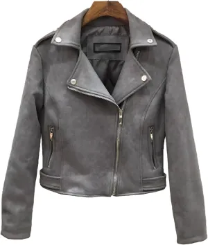 JEKE-DG Women's Suede Leather Moto Jacket Notched Collar Oblique Zip Outwear Long Sleeve Zipper Up Casual Coats