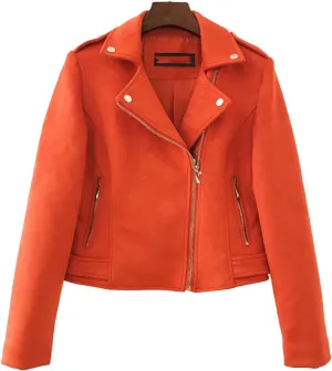 JEKE-DG Women's Suede Leather Moto Jacket Notched Collar Oblique Zip Outwear Long Sleeve Zipper Up Casual Coats