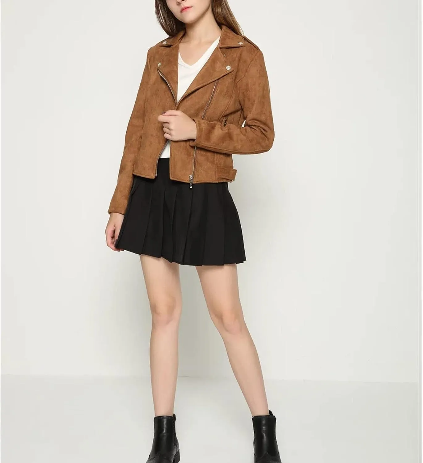 JEKE-DG Women's Suede Leather Moto Jacket Notched Collar Oblique Zip Outwear Long Sleeve Zipper Up Casual Coats