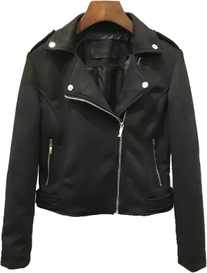 JEKE-DG Women's Suede Leather Moto Jacket Notched Collar Oblique Zip Outwear Long Sleeve Zipper Up Casual Coats