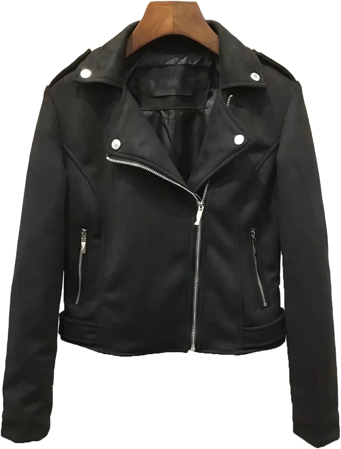 JEKE-DG Women's Suede Leather Moto Jacket Notched Collar Oblique Zip Outwear Long Sleeve Zipper Up Casual Coats