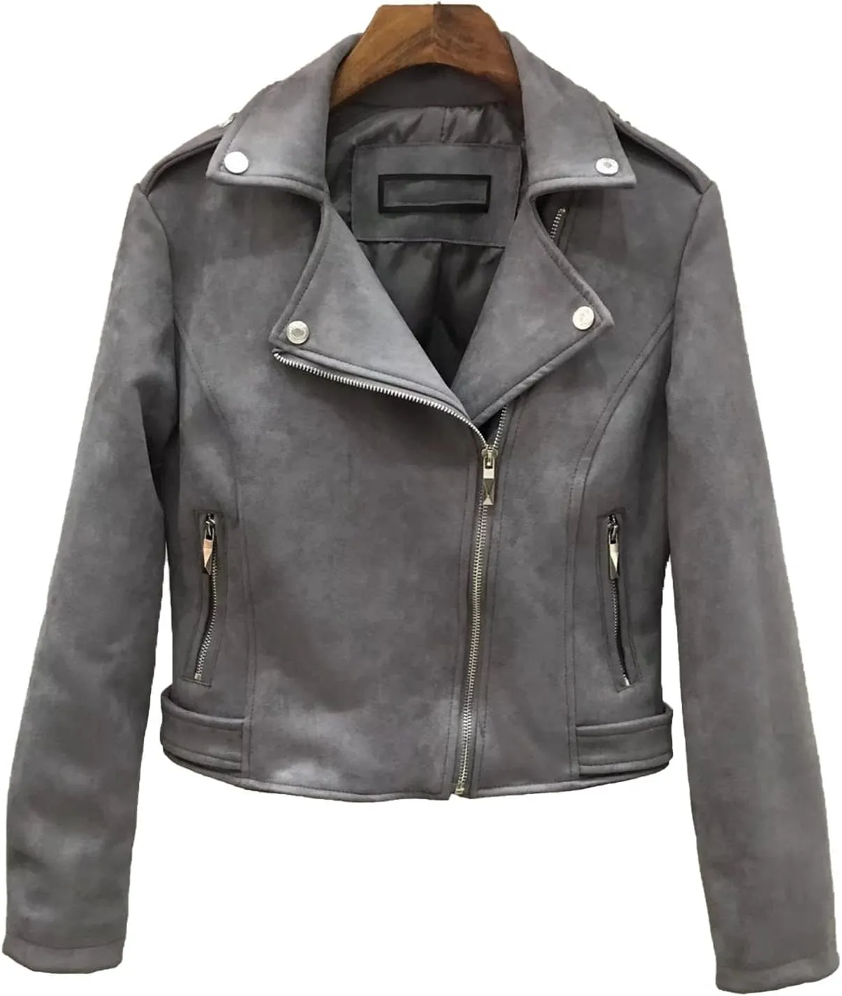 JEKE-DG Women's Suede Leather Moto Jacket Notched Collar Oblique Zip Outwear Long Sleeve Zipper Up Casual Coats