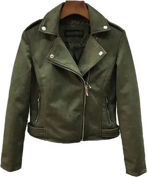 JEKE-DG Women's Suede Leather Moto Jacket Notched Collar Oblique Zip Outwear Long Sleeve Zipper Up Casual Coats