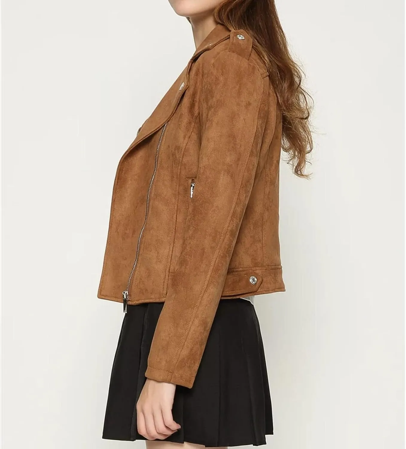 JEKE-DG Women's Suede Leather Moto Jacket Notched Collar Oblique Zip Outwear Long Sleeve Zipper Up Casual Coats