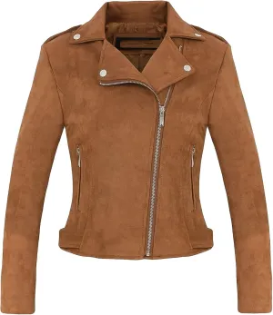JEKE-DG Women's Suede Leather Moto Jacket Notched Collar Oblique Zip Outwear Long Sleeve Zipper Up Casual Coats