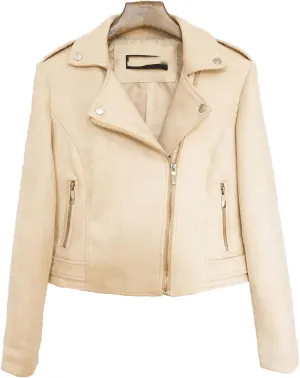 JEKE-DG Women's Suede Leather Moto Jacket Notched Collar Oblique Zip Outwear Long Sleeve Zipper Up Casual Coats