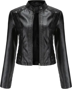 JEKE-DG Women's Zip Up Fashion Motorcycle Coat Stand Collar Cropped Coat Jacket Faux Leather Slim Fit Casual Coats