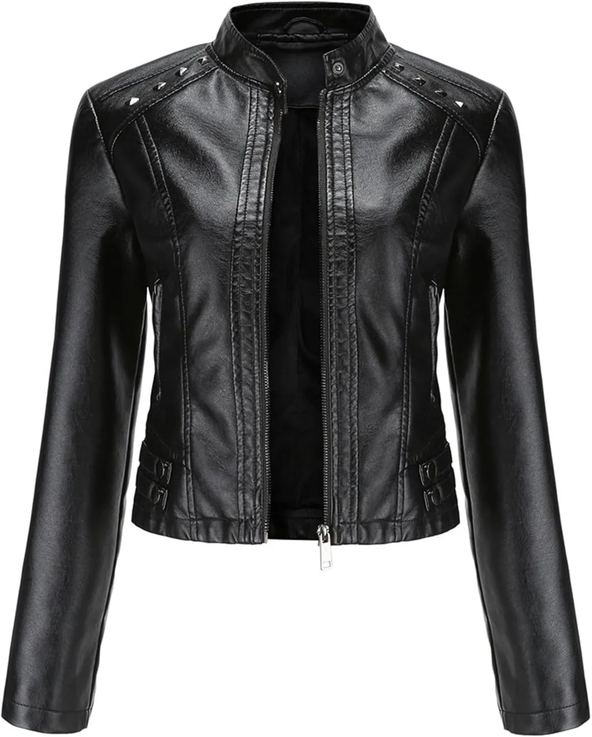 JEKE-DG Women's Zip Up Fashion Motorcycle Coat Stand Collar Cropped Coat Jacket Faux Leather Slim Fit Casual Coats