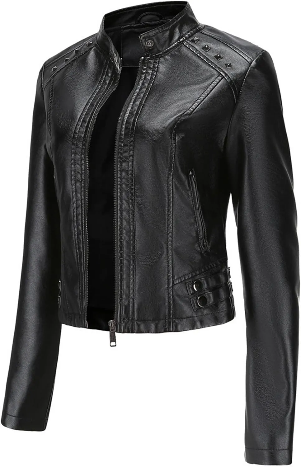 JEKE-DG Women's Zip Up Fashion Motorcycle Coat Stand Collar Cropped Coat Jacket Faux Leather Slim Fit Casual Coats