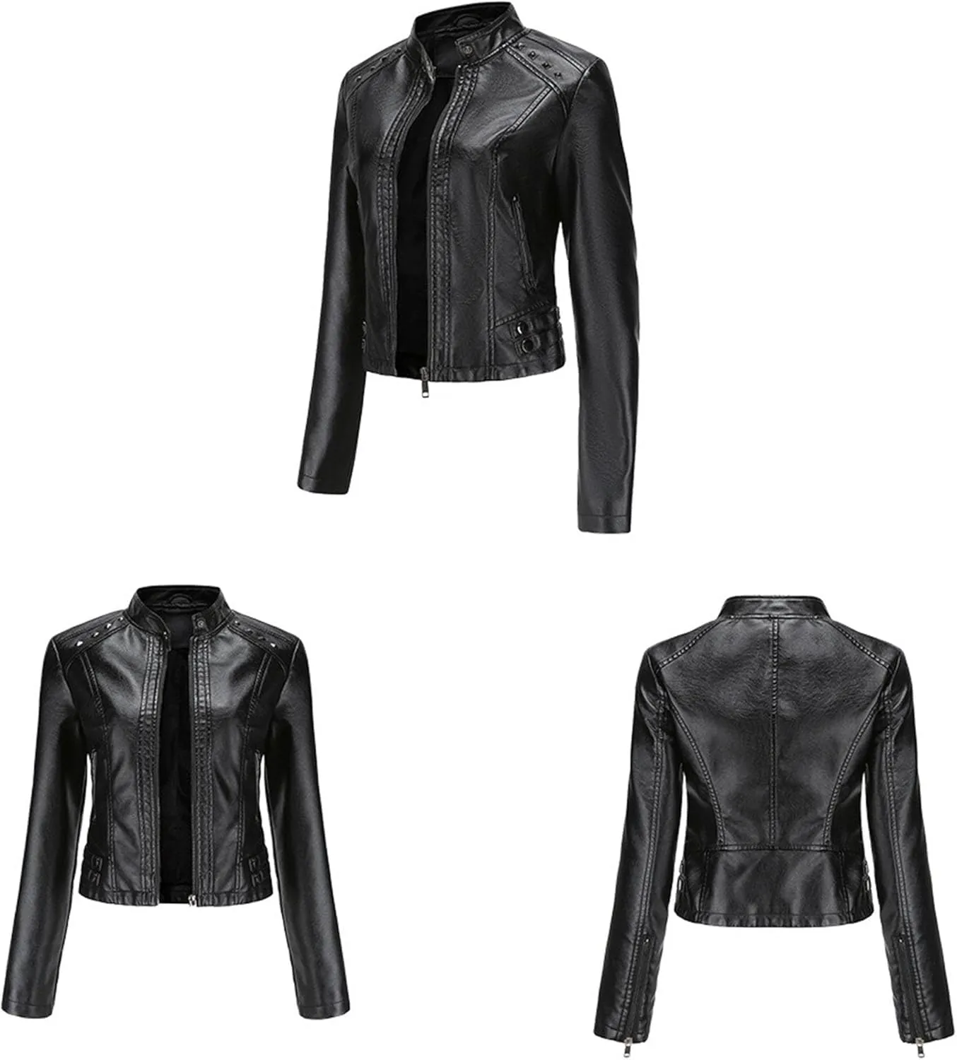 JEKE-DG Women's Zip Up Fashion Motorcycle Coat Stand Collar Cropped Coat Jacket Faux Leather Slim Fit Casual Coats