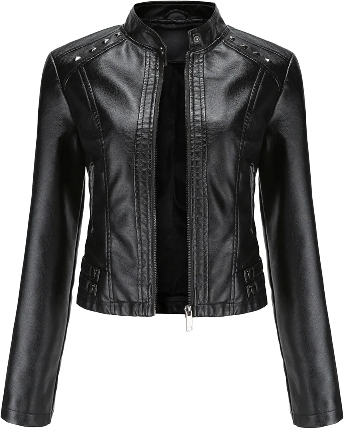 JEKE-DG Women's Zip Up Fashion Motorcycle Coat Stand Collar Cropped Coat Jacket Faux Leather Slim Fit Casual Coats