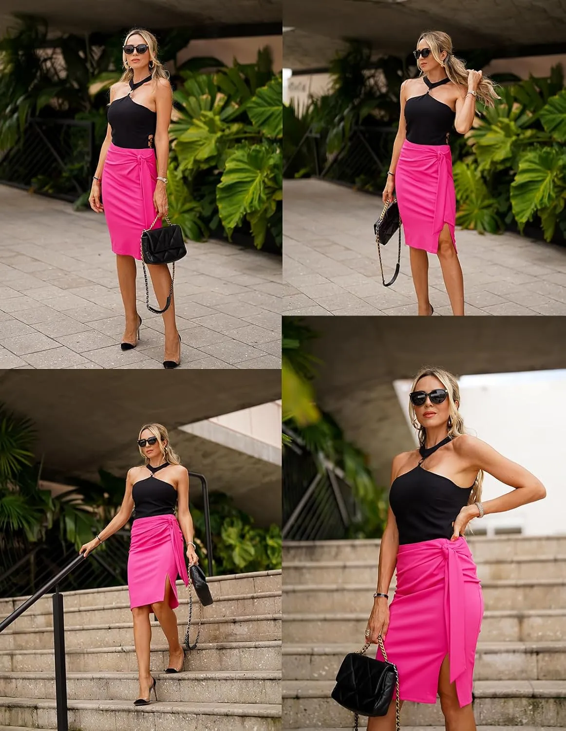 Kate Kasin Women's Skirt Elastic High Waist Bow Tie Knee Length Stretch Bodycon Pencil Skirts with Slit
