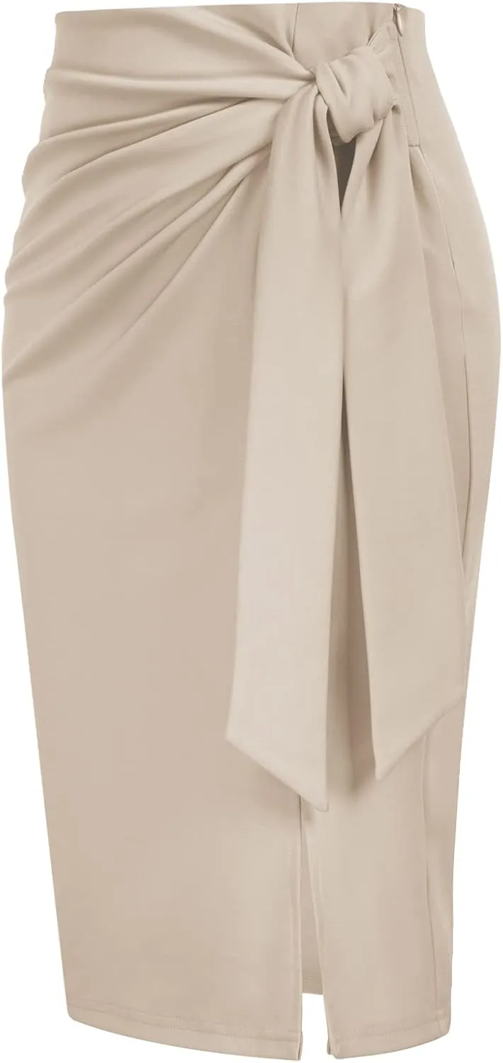 Kate Kasin Women's Skirt Elastic High Waist Bow Tie Knee Length Stretch Bodycon Pencil Skirts with Slit