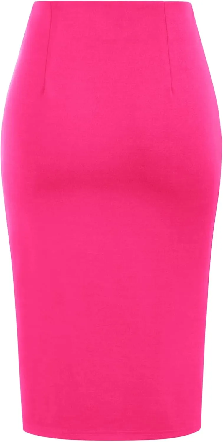Kate Kasin Women's Skirt Elastic High Waist Bow Tie Knee Length Stretch Bodycon Pencil Skirts with Slit