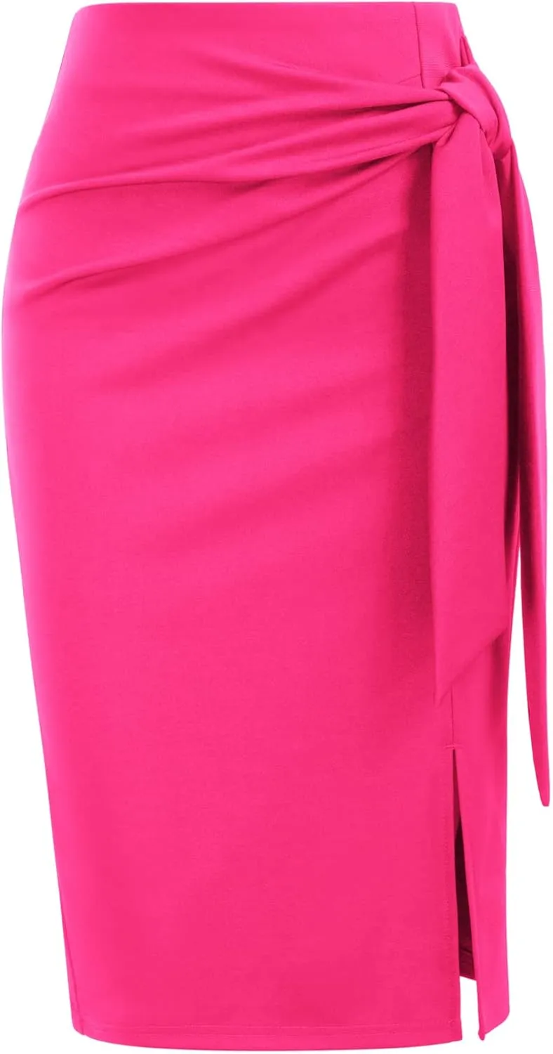 Kate Kasin Women's Skirt Elastic High Waist Bow Tie Knee Length Stretch Bodycon Pencil Skirts with Slit