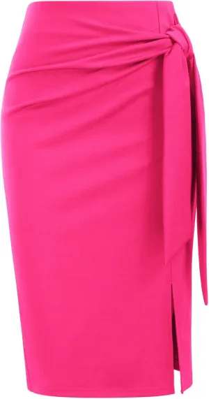 Kate Kasin Women's Skirt Elastic High Waist Bow Tie Knee Length Stretch Bodycon Pencil Skirts with Slit