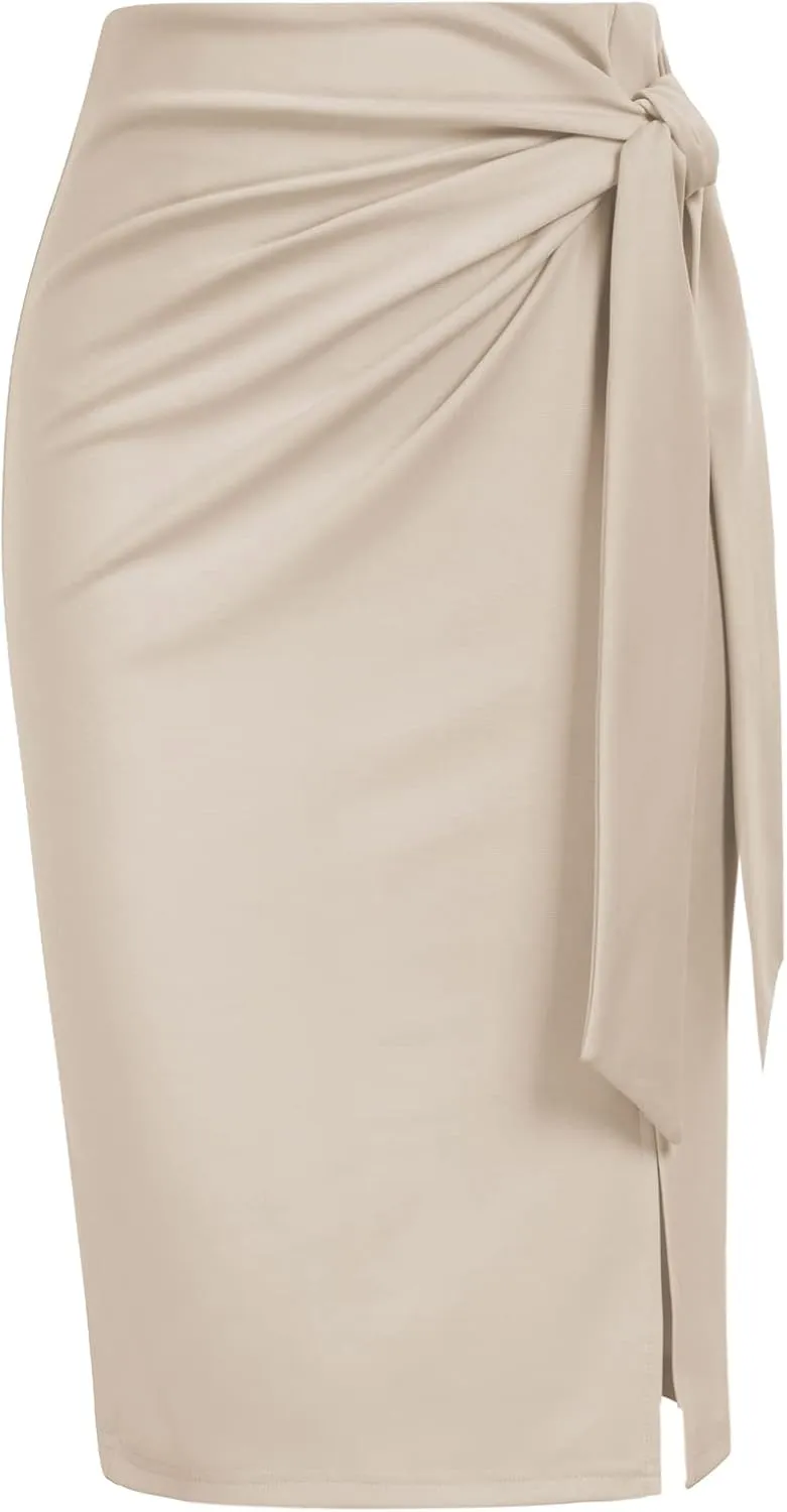 Kate Kasin Women's Skirt Elastic High Waist Bow Tie Knee Length Stretch Bodycon Pencil Skirts with Slit