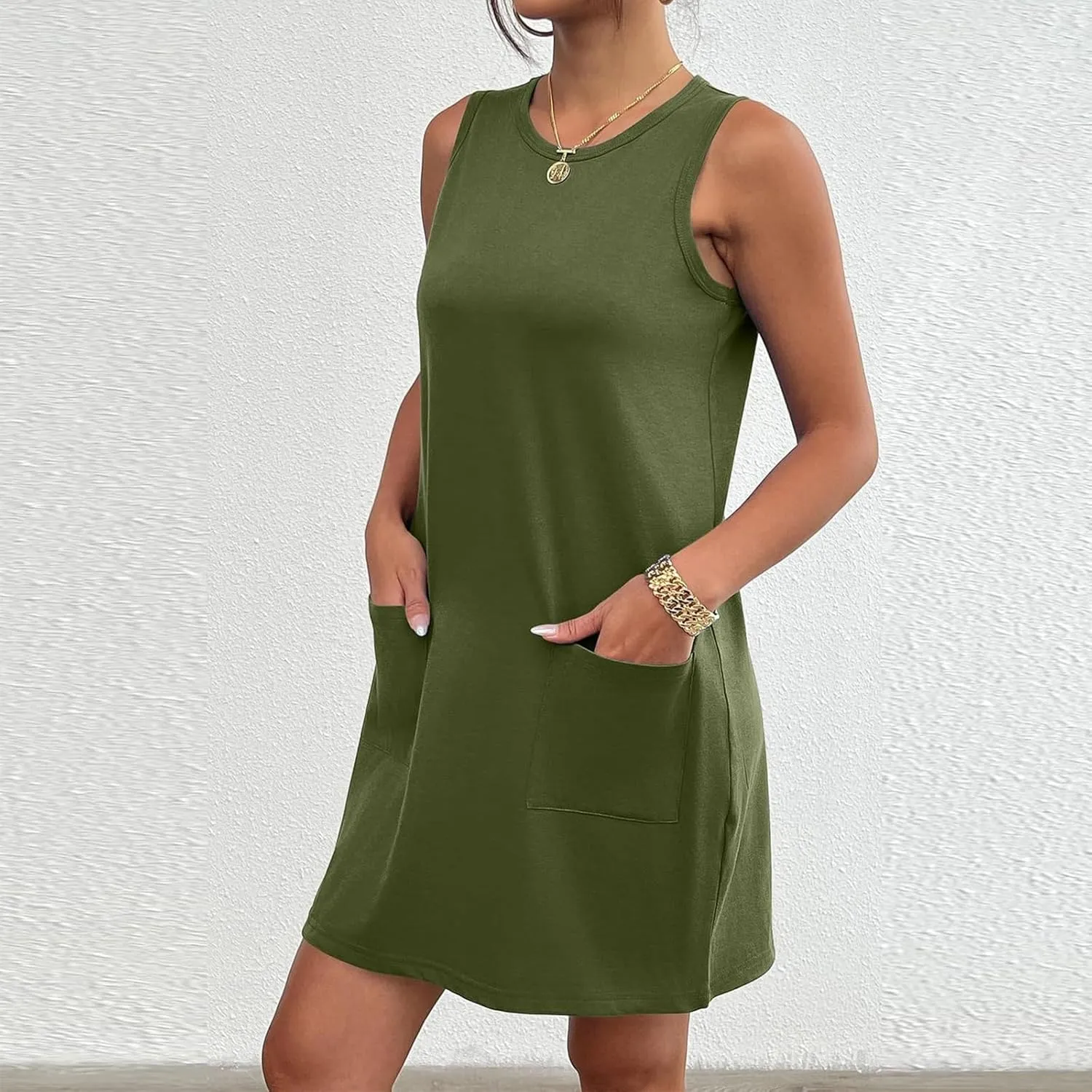 Kubbon Sundress for Women Casual Crewneck Sleeveless Midi Dress Loose Solid Color Tank Dresses with Pocket Vacation Outfits