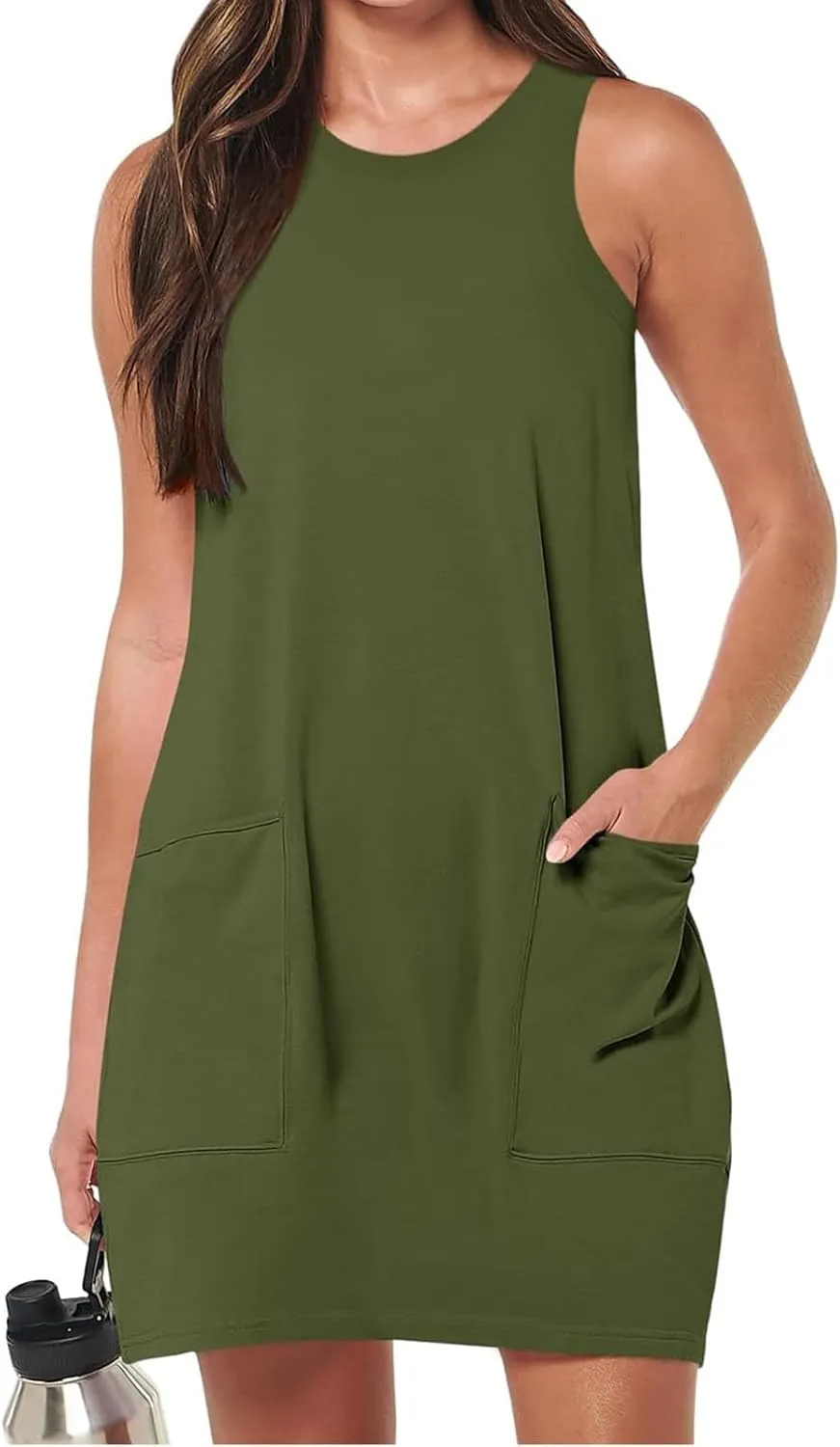 Kubbon Sundress for Women Casual Crewneck Sleeveless Midi Dress Loose Solid Color Tank Dresses with Pocket Vacation Outfits