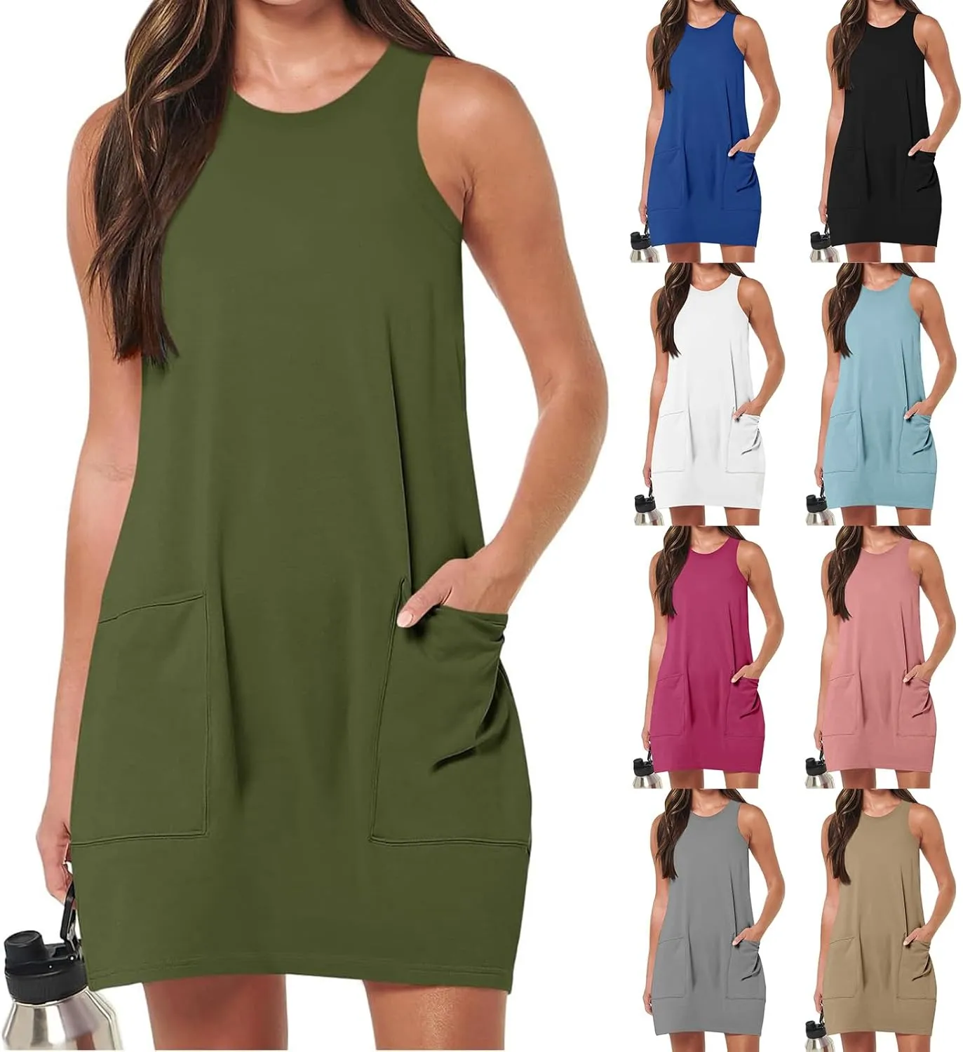 Kubbon Sundress for Women Casual Crewneck Sleeveless Midi Dress Loose Solid Color Tank Dresses with Pocket Vacation Outfits