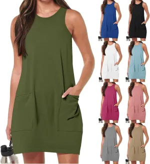 Kubbon Sundress for Women Casual Crewneck Sleeveless Midi Dress Loose Solid Color Tank Dresses with Pocket Vacation Outfits