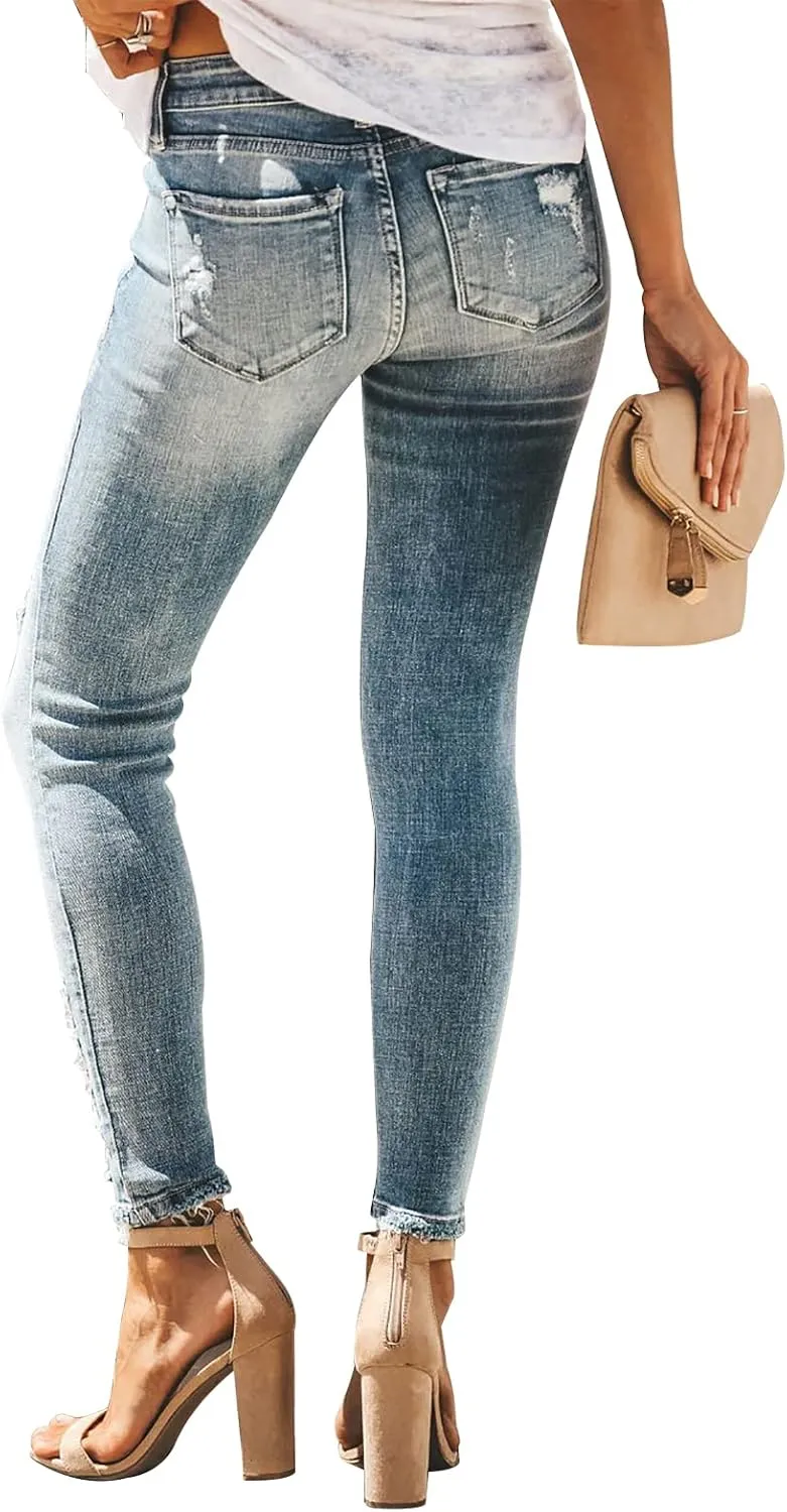 KUNMI Women's Ripped Skinny Slim Fit Jeans Frayed Distressed Stretchy Denim Pants