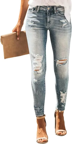 KUNMI Women's Ripped Skinny Slim Fit Jeans Frayed Distressed Stretchy Denim Pants