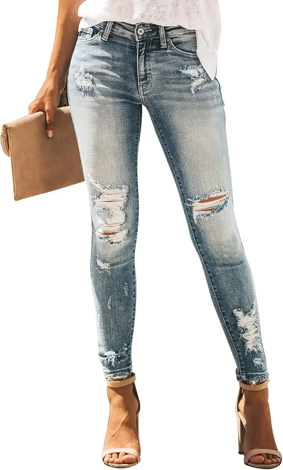 KUNMI Women's Ripped Skinny Slim Fit Jeans Frayed Distressed Stretchy Denim Pants