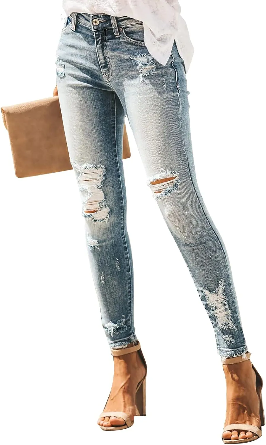 KUNMI Women's Ripped Skinny Slim Fit Jeans Frayed Distressed Stretchy Denim Pants