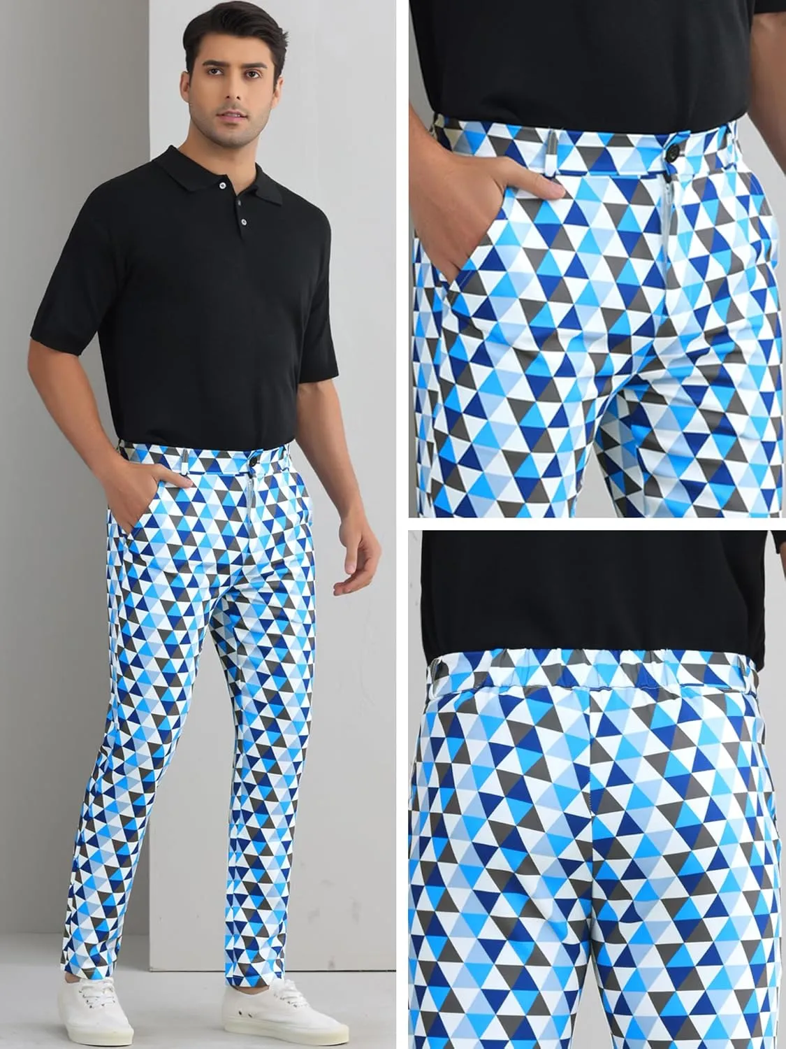 Lars Amadeus Argyle Golf Pants for Men's Argyle Pants Triangle Plaid Pattern Suit Trousers