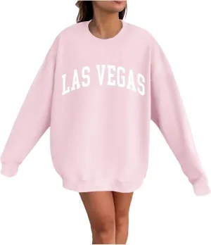Las Vegas Sweatshirts for Women Letter Print Loose Fit Trendy Casual Pullover Tops Hoodies Crew Neck Sweatshirt