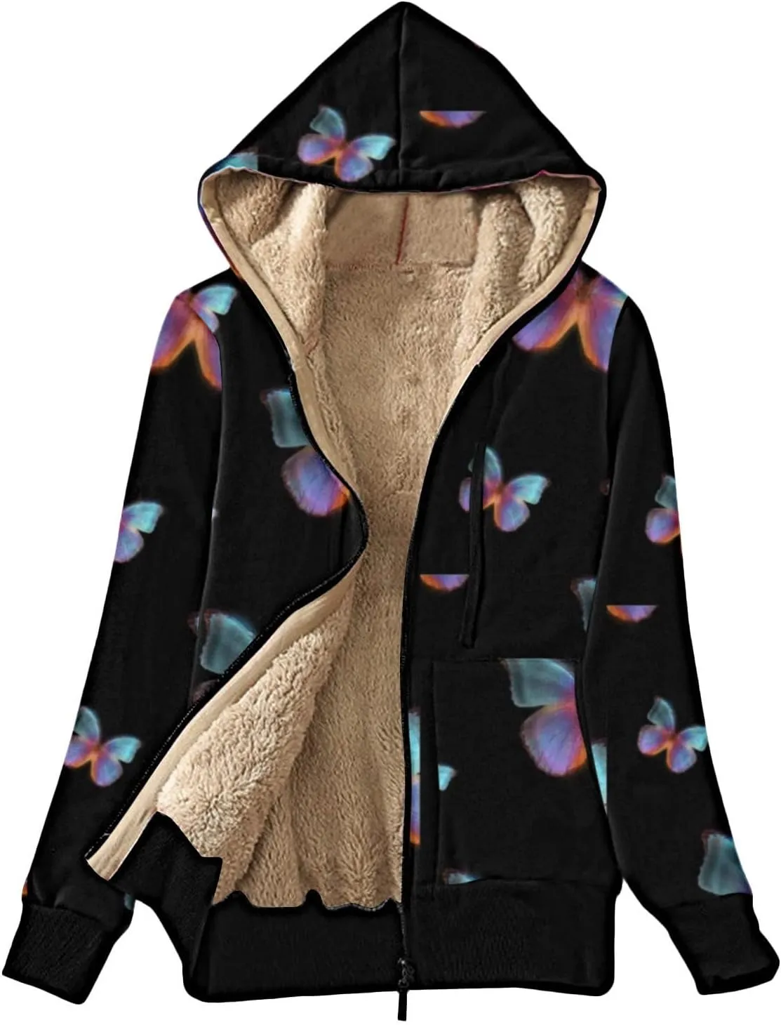 Lastesso Women's Sparkle Butterfly Graphic Hooded Coat Soft Fall Winter Outdoor Sherpa-Lined Fleece Outerwear Fashion Coats