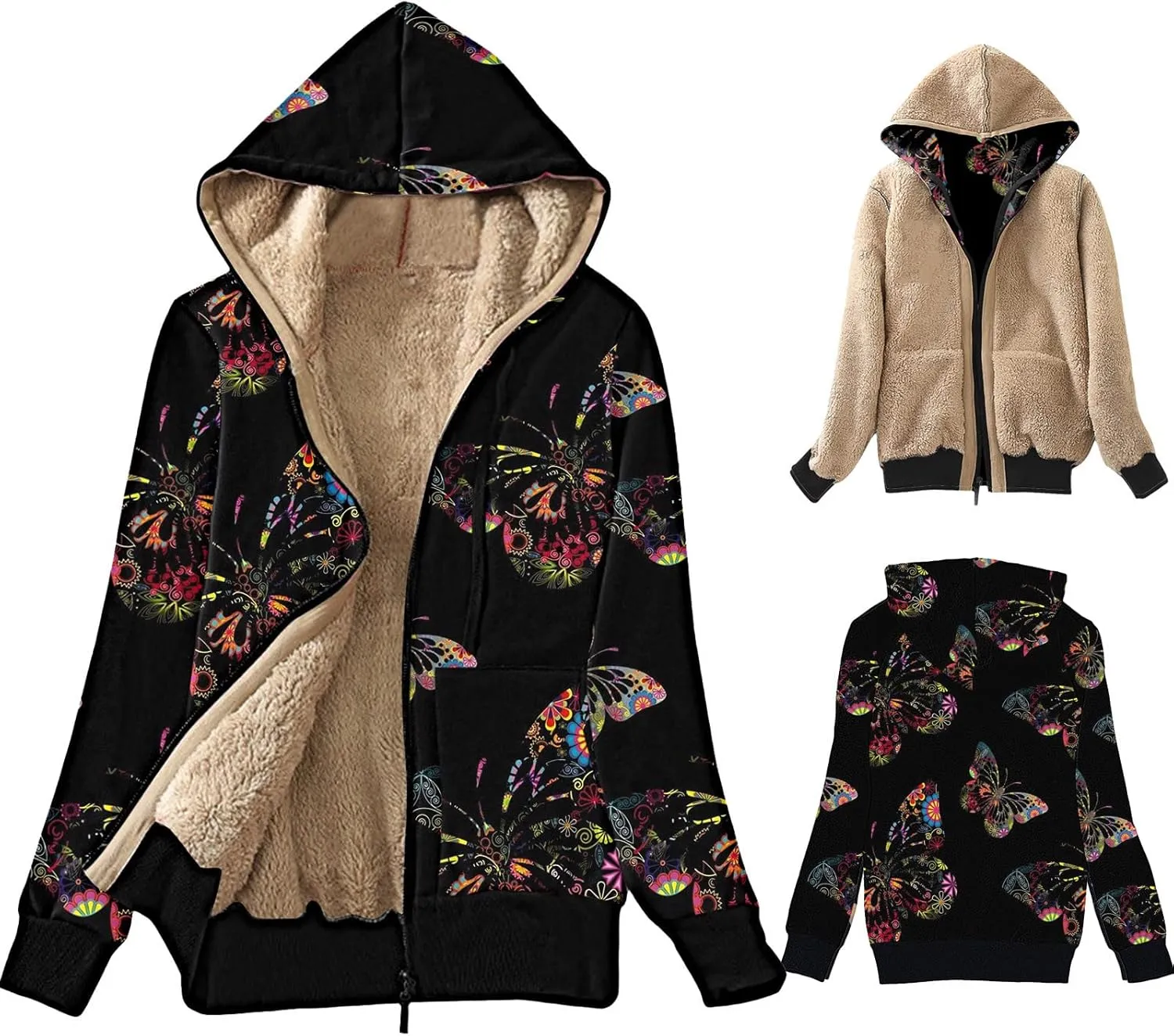 Lastesso Women's Sparkle Butterfly Graphic Hooded Coat Soft Fall Winter Outdoor Sherpa-Lined Fleece Outerwear Fashion Coats