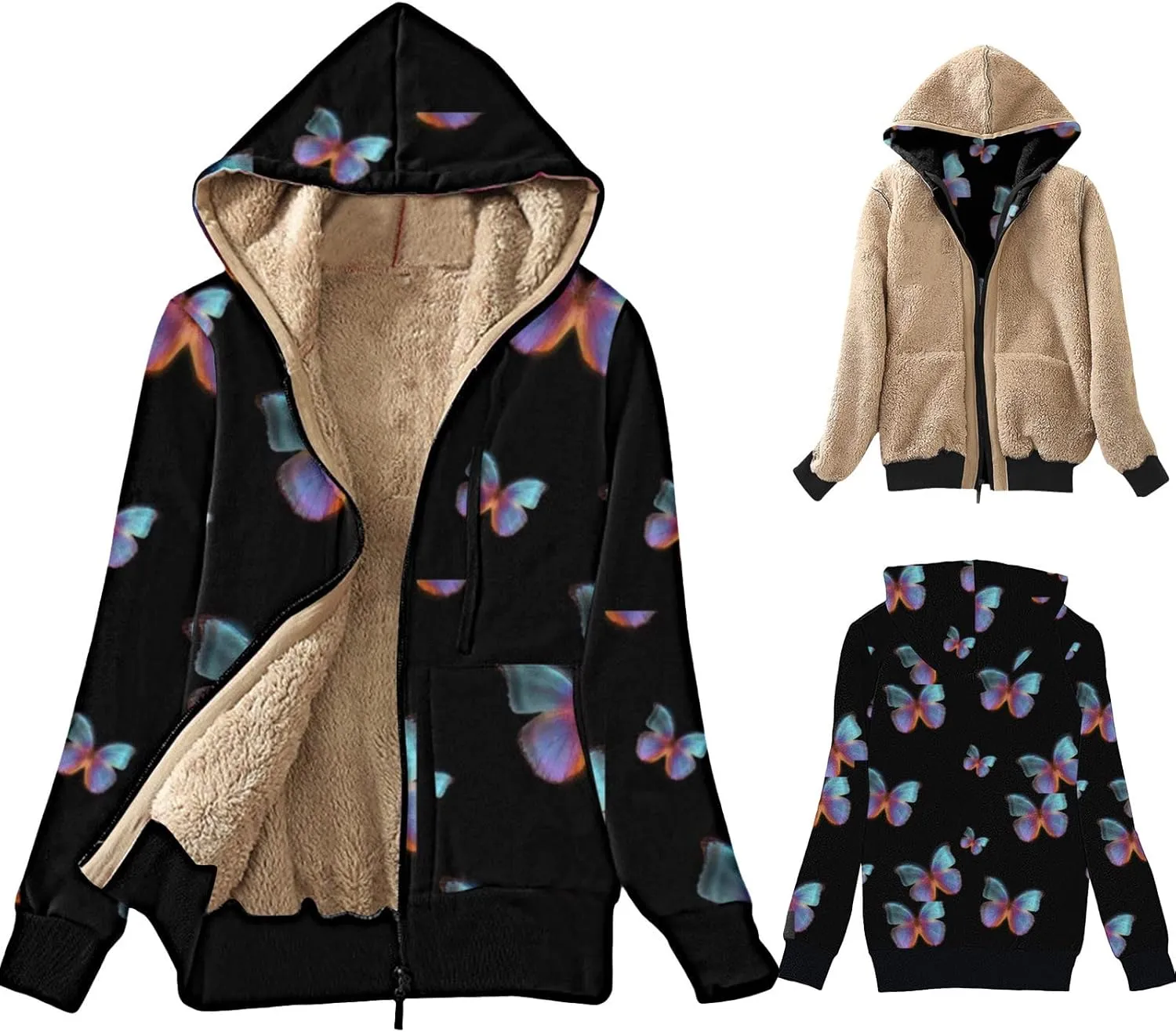 Lastesso Women's Sparkle Butterfly Graphic Hooded Coat Soft Fall Winter Outdoor Sherpa-Lined Fleece Outerwear Fashion Coats