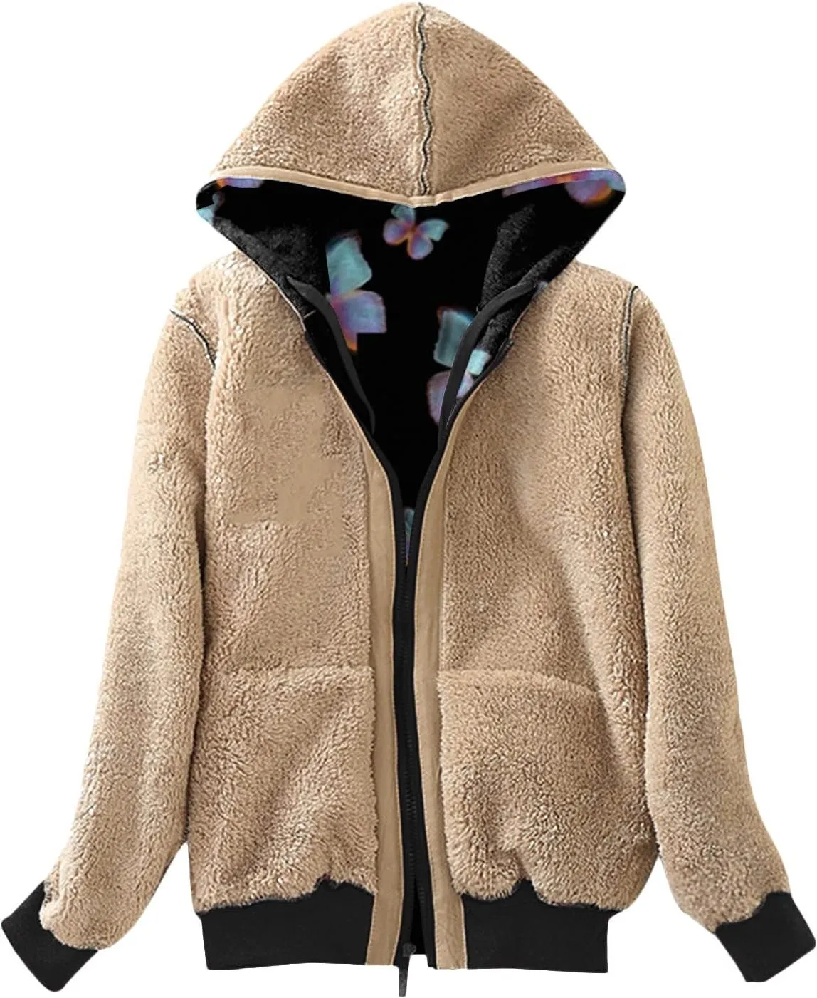 Lastesso Women's Sparkle Butterfly Graphic Hooded Coat Soft Fall Winter Outdoor Sherpa-Lined Fleece Outerwear Fashion Coats