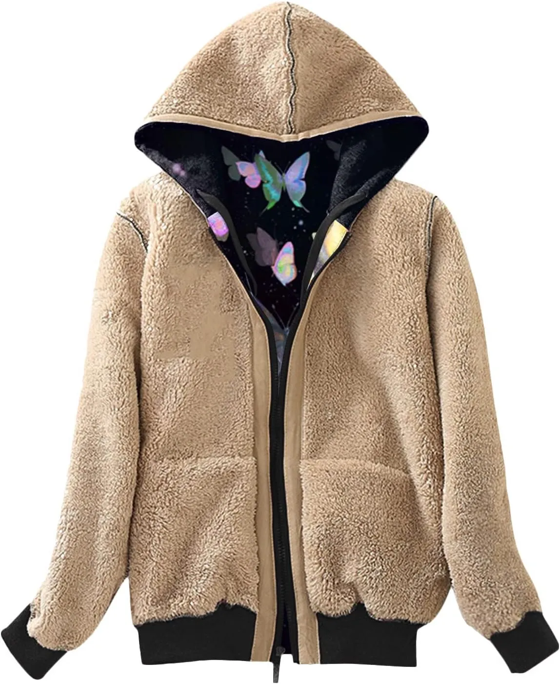 Lastesso Women's Sparkle Butterfly Graphic Hooded Coat Soft Fall Winter Outdoor Sherpa-Lined Fleece Outerwear Fashion Coats