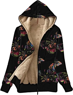 Lastesso Women's Sparkle Butterfly Graphic Hooded Coat Soft Fall Winter Outdoor Sherpa-Lined Fleece Outerwear Fashion Coats