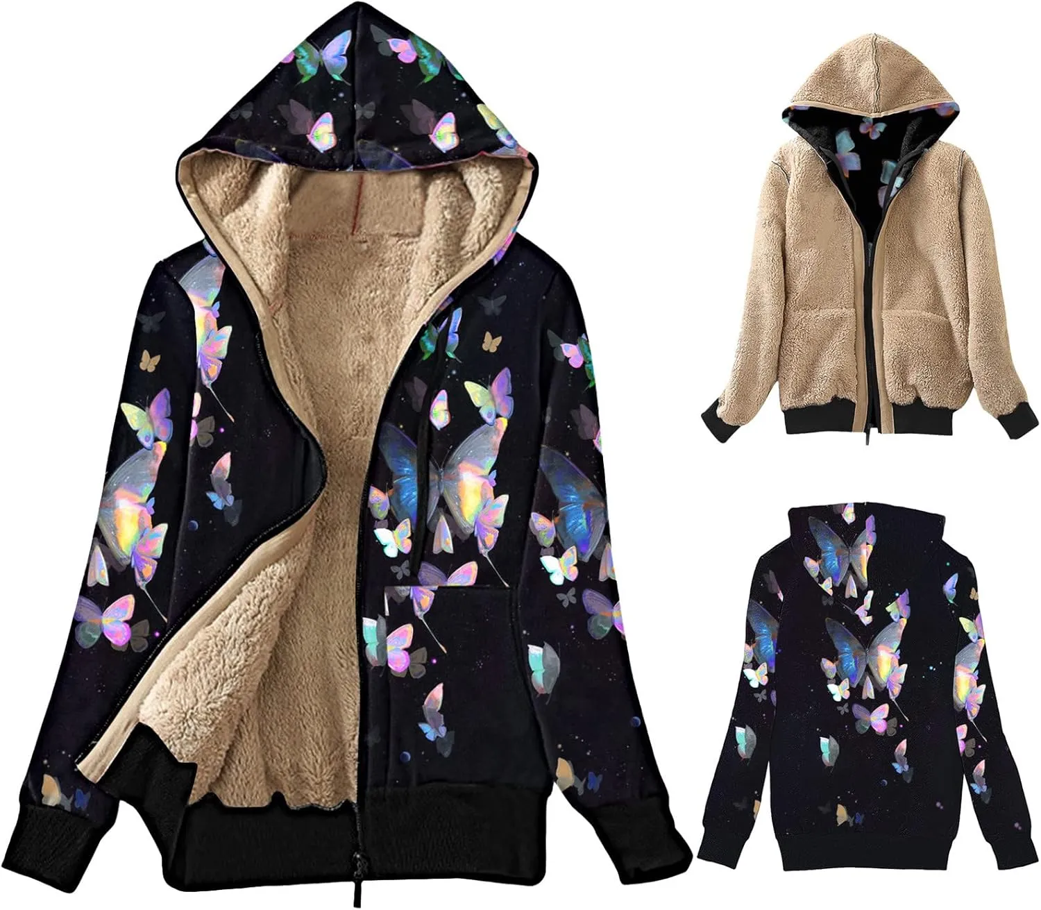 Lastesso Women's Sparkle Butterfly Graphic Hooded Coat Soft Fall Winter Outdoor Sherpa-Lined Fleece Outerwear Fashion Coats
