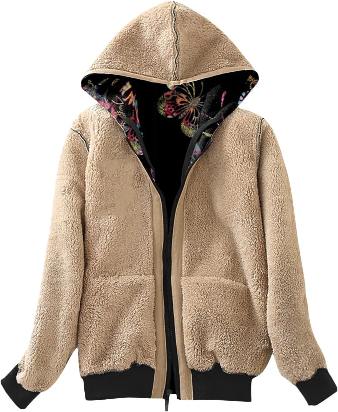 Lastesso Women's Sparkle Butterfly Graphic Hooded Coat Soft Fall Winter Outdoor Sherpa-Lined Fleece Outerwear Fashion Coats
