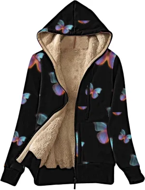 Lastesso Women's Sparkle Butterfly Graphic Hooded Coat Soft Fall Winter Outdoor Sherpa-Lined Fleece Outerwear Fashion Coats