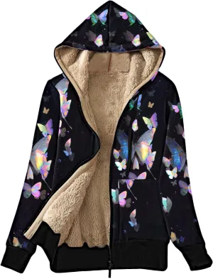 Lastesso Women's Sparkle Butterfly Graphic Hooded Coat Soft Fall Winter Outdoor Sherpa-Lined Fleece Outerwear Fashion Coats