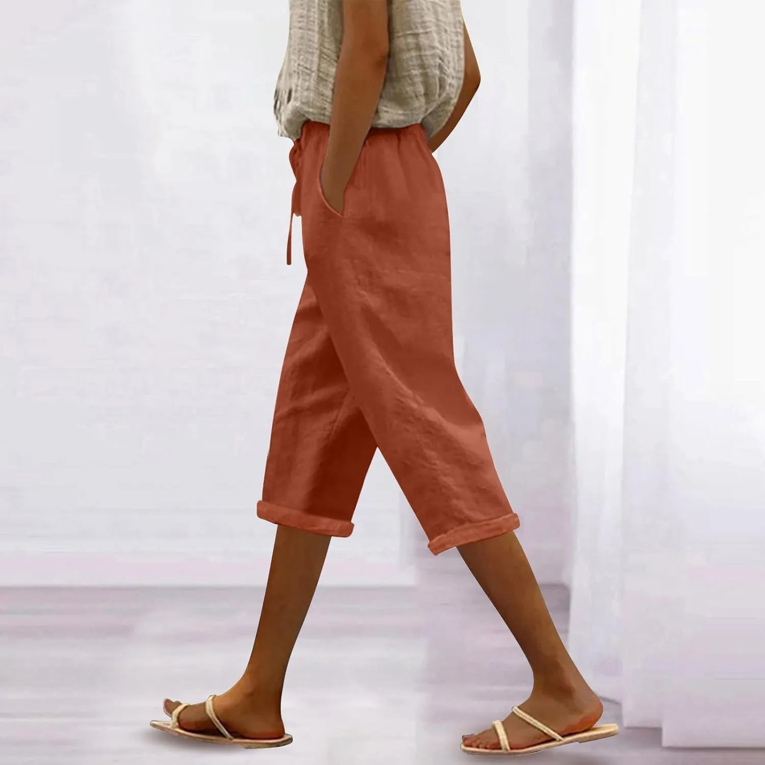 Linen Capris for Women 2025 Fashion Solid Color Pants Slim Casual Long Pants Linen Lounge Beach Summer Capri