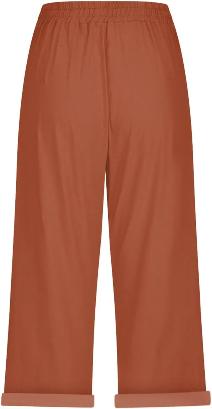 Linen Capris for Women 2025 Fashion Solid Color Pants Slim Casual Long Pants Linen Lounge Beach Summer Capri