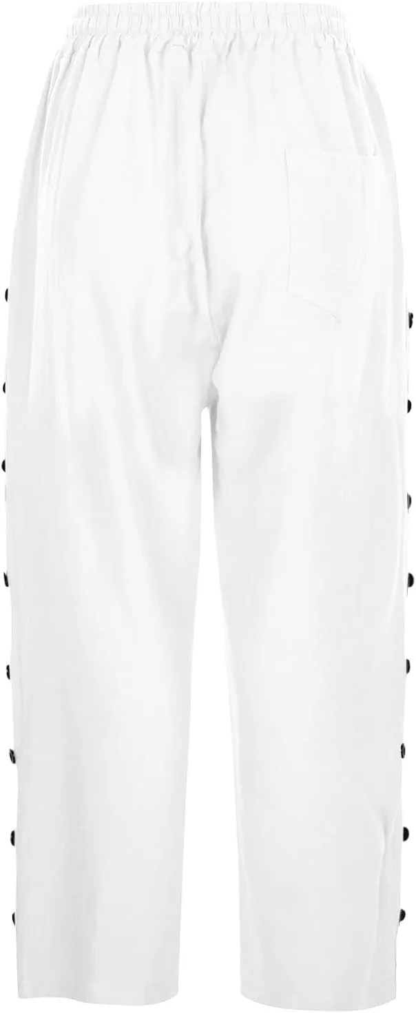 Linen Capris for Women Striped Elastic Waisted Drawstring Capri Pants with Pockets Side Button Casual Cropped Pants