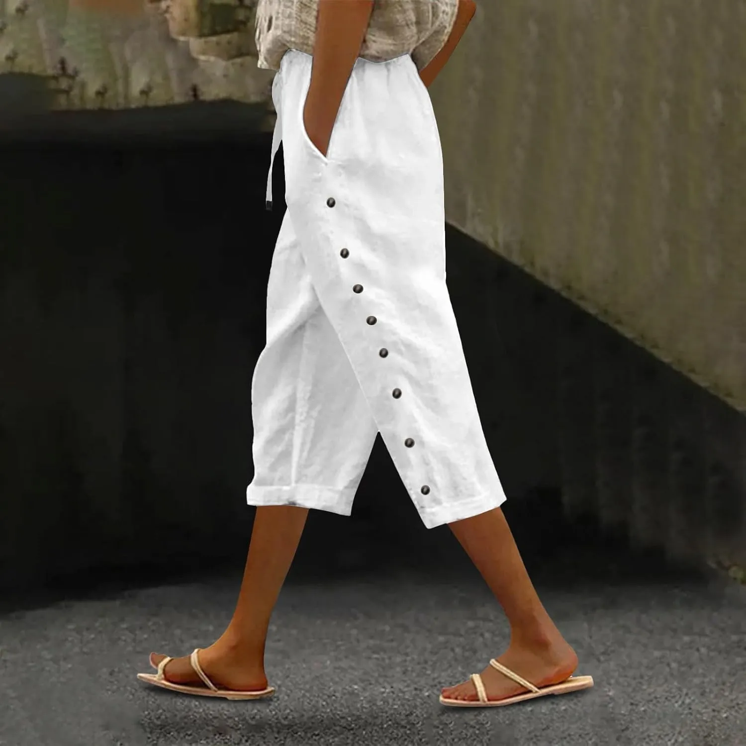 Linen Capris for Women Striped Elastic Waisted Drawstring Capri Pants with Pockets Side Button Casual Cropped Pants