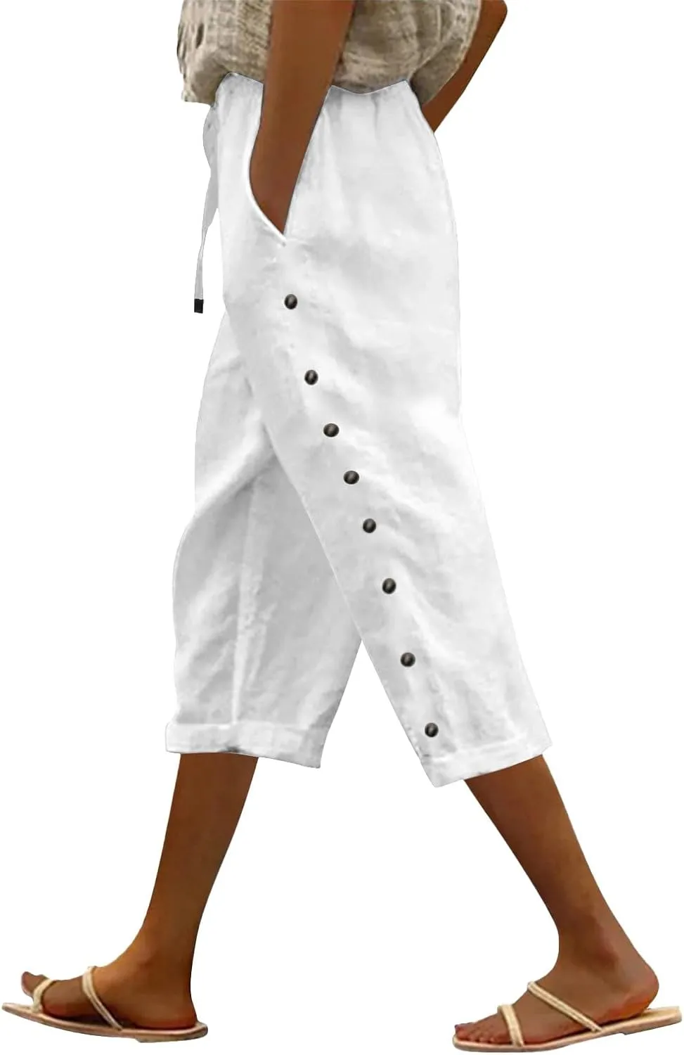 Linen Capris for Women Striped Elastic Waisted Drawstring Capri Pants with Pockets Side Button Casual Cropped Pants