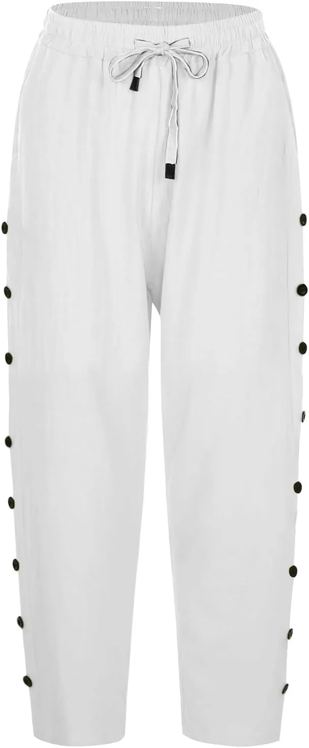 Linen Capris for Women Striped Elastic Waisted Drawstring Capri Pants with Pockets Side Button Casual Cropped Pants